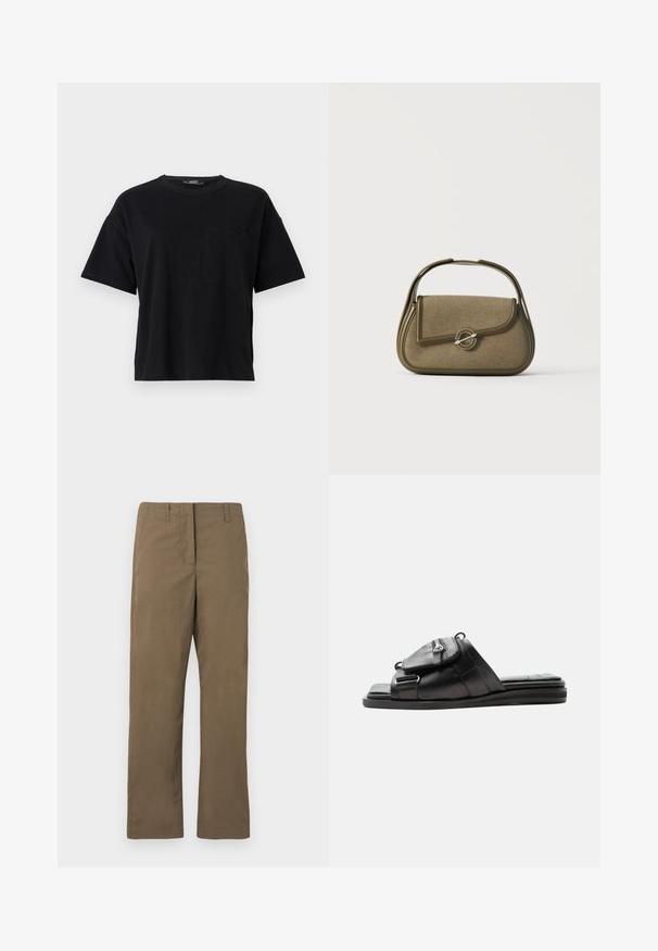 Camiseta de algodón negra con cuello redondo, mangas cortas y un bolsillo en el lado izquierdo del pecho. Presenta un corte holgado y dobladillos cosidos.; Pantalones rectos marrones hechos de una mezcla de algodón. Cuentan con passantes para cinturón, un bolsillo frontal y una textura suave sin patrones.; Sandalia tipo slide de cuero negro con suela acolchada y detalle de bolsillo con cremallera en la parte delantera de la correa.; Bolso pequeño de color verde oliva con bordes redondeados, un asa superior y un cierre con solapa asegurado por un broche metálico circular.