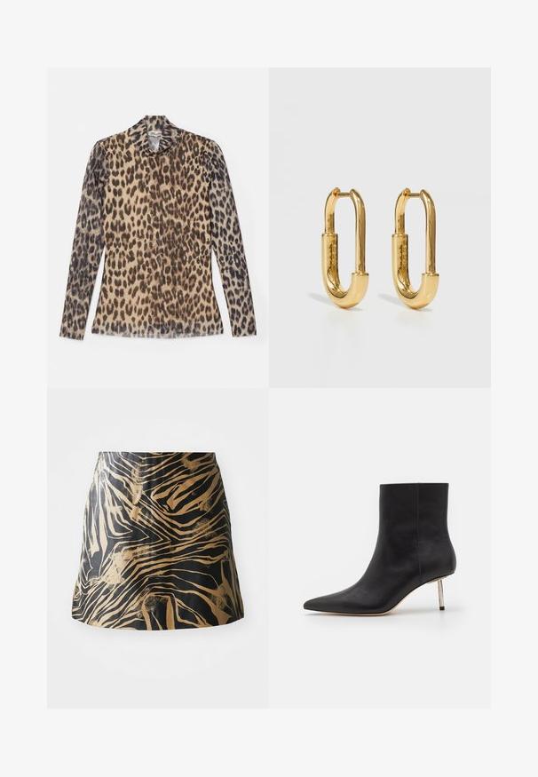 Langærmet top med leopardprint og rund hals, lavet af et let stof med beige og brune mønstre.; Sort og guld nederdel med zebra-stribe mønster, lavet af glat materiale med en tætsiddende pasform og høj talje design.; Sorte læder ankelstøvler med spids tå og en tynd metallisk hæl. Glat tekstur med klare linjer og minimalistiske designfunktioner.; Guld metal hoop øreringe med en forlænget oval form, der har en glat, poleret overflade og et lille hængsel til fastgørelse.