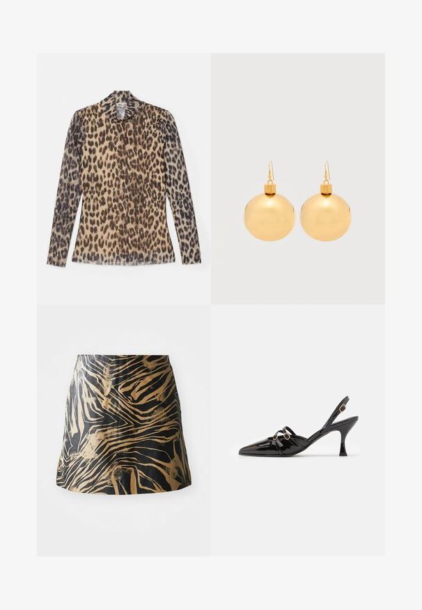 Halslange top met panterprint en lange mouwen, gemaakt van een lichte stof met beige en bruine patronen.; Zwarte en gouden rok met een zebrapatroon, gemaakt van glad materiaal met een strakke pasvorm en een hoge taille.; ALOHAS JOELLE ONIX - Klassieke pumps - black; Een paar glanzende gouden kerstbal-oorbellen met haaksluitingen op een effen witte achtergrond.