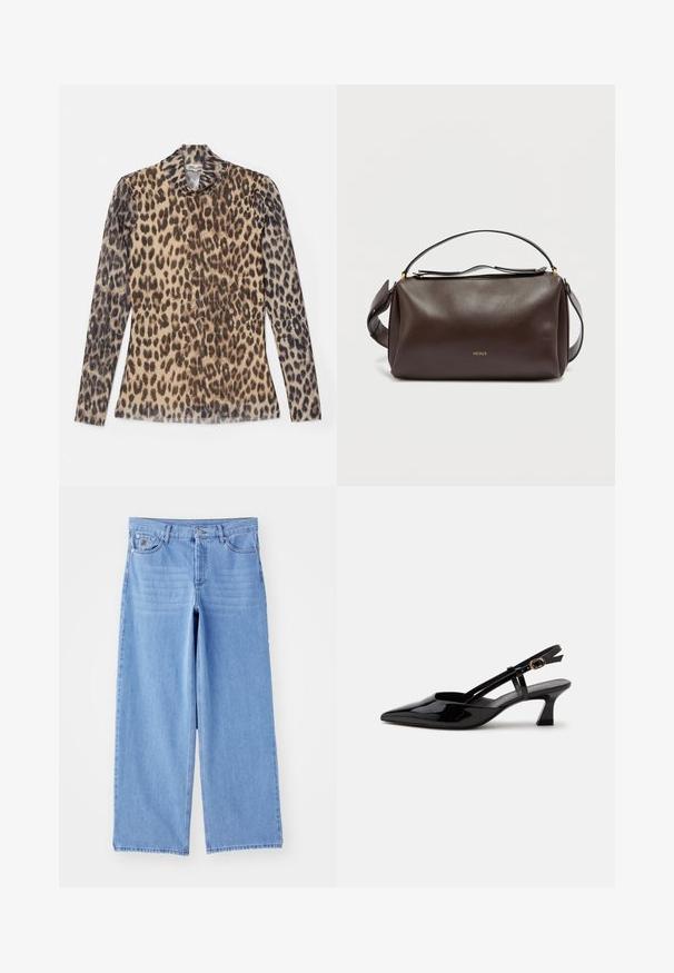 Top de manga larga con estampado de leopardo y cuello redondo, hecho de una tela ligera que presenta patrones en beige y marrón.; Jeans de pierna ancha de color azul claro, confeccionados en denim, con un diseño clásico de cinco bolsillos y cierre de botón. Textura suave, dobladillo deshilachado.; Zapato slingback de charol negro con tacón bajo, punta puntiaguda y correa ajustable con hebilla dorada sobre fondo blanco.; Bolso de hombro de cuero marrón con un diseño estructurado, que presenta un logo dorado, cierre superior con cremallera y una correa desmontable. Textura suave.