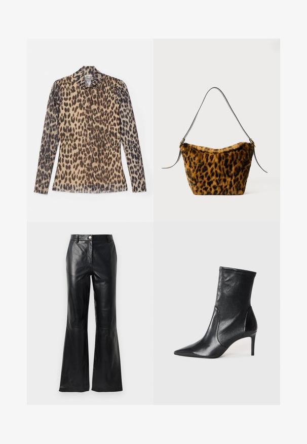 Langærmet top med leopardprint og rund hals, lavet af et let stof med beige og brune mønstre.; Sorte faux læderbukser med høj talje, knaplukning, bæltesløjfer og flagrende ben foran en hvid baggrund.; Sorte ankelstøvler lavet af glat læder, med spids tå, tætsiddende skaft og en slank høj hæl. Minimalistisk design uden synligt hardware.; Faux fur leopardprint taske med en blød tekstur, let afsmalnet form og sort læderrem med guldfarvede detaljer.