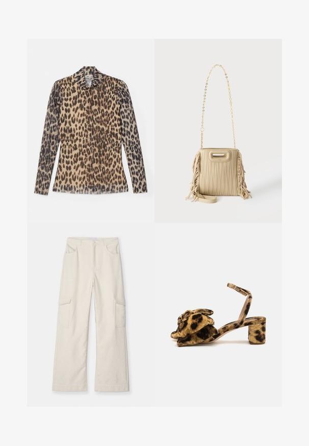 Langærmet top med leopardprint og rund hals, lavet af et let stof med beige og brune mønstre.; Creme cargo bukser lavet af tekstureret stof, med to sidelommer, lige ben-design og en tætsiddende talje med forlukning.; Læderprint hæl sandaler med justerbar ankelrem, rund tå og stor blomsterstof accent. Blødt velourmateriale; blokhæl.; Beige quiltet håndtaske med frynser detaljer på siderne, en guldkæde skulderrem, og en lille top-håndtag udskæring.