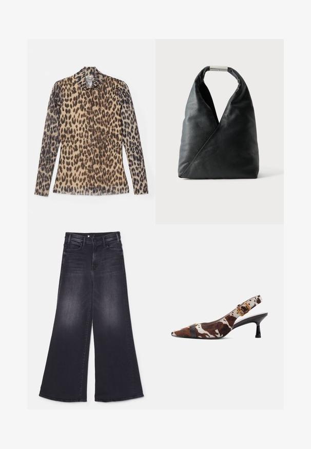 Halslange top met panterprint en lange mouwen, gemaakt van een lichte stof met beige en bruine patronen.; Mother LIL HUSTLER ROLLER SNEAK - Wide leg - not today satan; Slingback kittenheel met bruin-witte koeienprint, spits toelopende neus, zwarte band over de voorzijde en gouden gespdetail aan de enkelband.; Zwarte leren handtas met een driehoekige vorm, zachte textuur en een zilverkleurige cilindervormige sluiting aan het bovenste handvat.