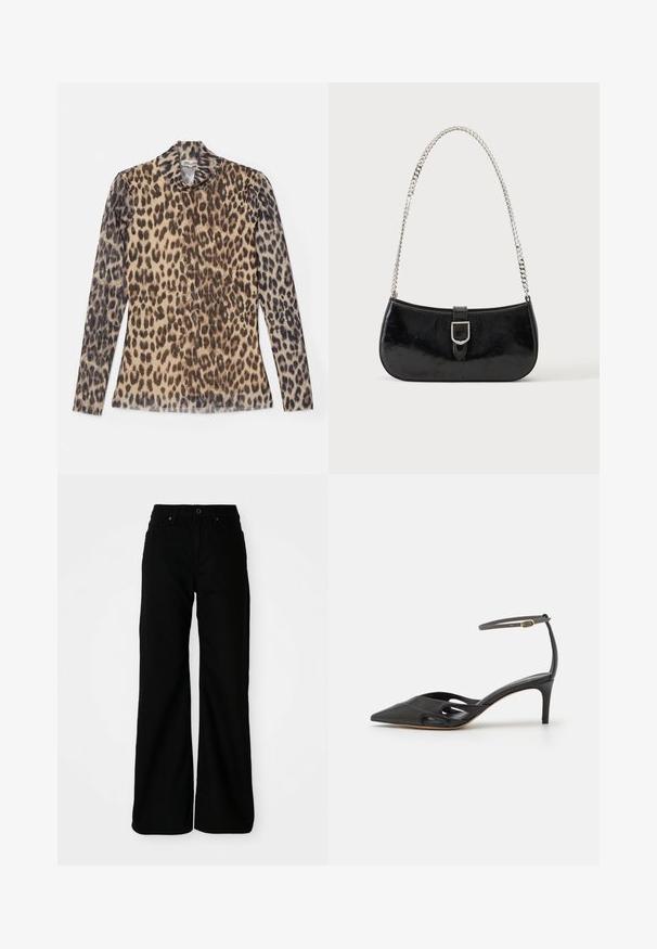 Langærmet top med leopardprint og rund hals, lavet af et let stof med beige og brune mønstre.; Sorte vide bukser lavet af denimstof. Har en tætsiddende talje, frontlommer og en knaplukning. Glat tekstur med minimal detaljering.; Sort læder højhælet sko med spids tå, åbne sider og en tynd ankelrem med en lille guld detalje.; Sort skuldertaske i laklæder med sølv spænde og sølv kæderem, vist mod en ensartet lys baggrund.
