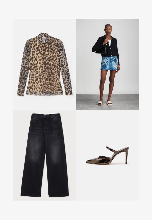 Halslange top met panterprint en lange mouwen, gemaakt van een lichte stof met beige en bruine patronen.; Mother THE SPINNER ZIP SNEAK - Relaxed fit jeans - black; G glanzende donkerbruine mule met spitsen neus en hoge hak met een smalle band over de wreef op een effen witte achtergrond.; Zwarte gebreide cardigan, witte top, denimrok met blauw en zwart ruitpatroon, zwarte handtas en beige instapsandalen.