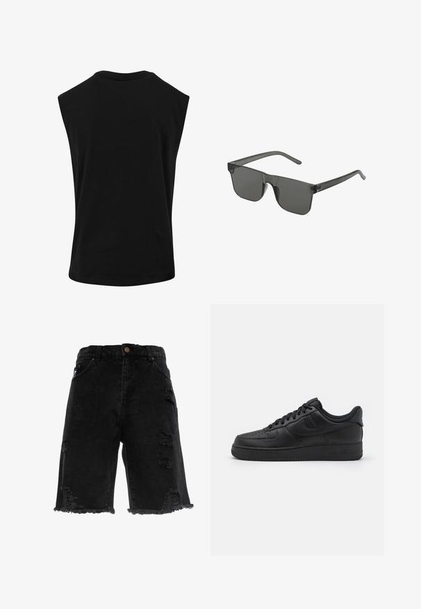 Haut noir sans manches en matériau lisse et léger avec un col rond et une coupe décontractée. Aucun motif ou accent visible.; Shorts en denim noir avec un ourlet effiloché, présentant des déchirures usées et une coupe droite. Comprend des poches avant traditionnelles et un bouton en métal.; Nike Sportswear AIR FORCE 1 07 FLYEASE - Baskets basses - black; Lunettes de soleil grises de forme rectangulaire, fabriquées en plastique translucide. Verres foncés et branches fines avec un subtil détail de logo sur le côté.