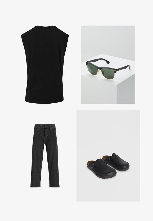 Haut noir sans manches en matériau lisse et léger avec un col rond et une coupe décontractée. Aucun motif ou accent visible.; Jean en denim noir avec une coupe droite, dotée d'une fermeture éclair, de passants de ceinture et de six poches, confectionnée dans un tissu en coton robuste.; Sabots noirs à enfiler avec des brides latérales réglables à boucle et semelles intérieures en liège moulées sur un fond neutre.; Lunettes de soleil Ray-Ban avec des verres verts, monture en plastique noir et accents dorés sur les bords. Forme carrée avec une finition mate.