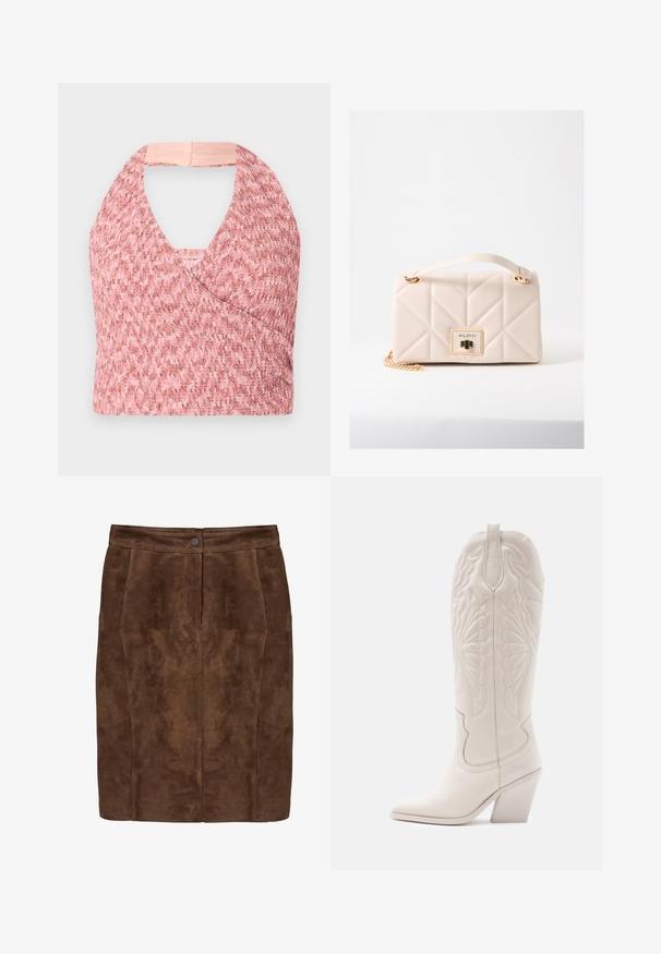 Heled roosa halter-top, mis on valmistatud tekstureeritud kudumisest ja millel on kattev disain, tagaküljel on pehme beež riba, mis tagab kindla istuvuse.; Pruun seemisnahast põlveni ulatuv seelik eesõmbluse detailidega ja metallist nööpidega vöörihma sulgur.; Valge nahast cowboy-s выпiş с заостреным varvastega ja plokknäheeliga. Omab keerukaid tikandimustreid varreosas ja siledat tekstuuri.; Väike kreemikas tikanditega käekott ülaosas oleva sangaga, kuldkett-detail ja kuldne ristkülikukujuline lukk, millele on graveeritud ALDO logo esipaneeli keskel.