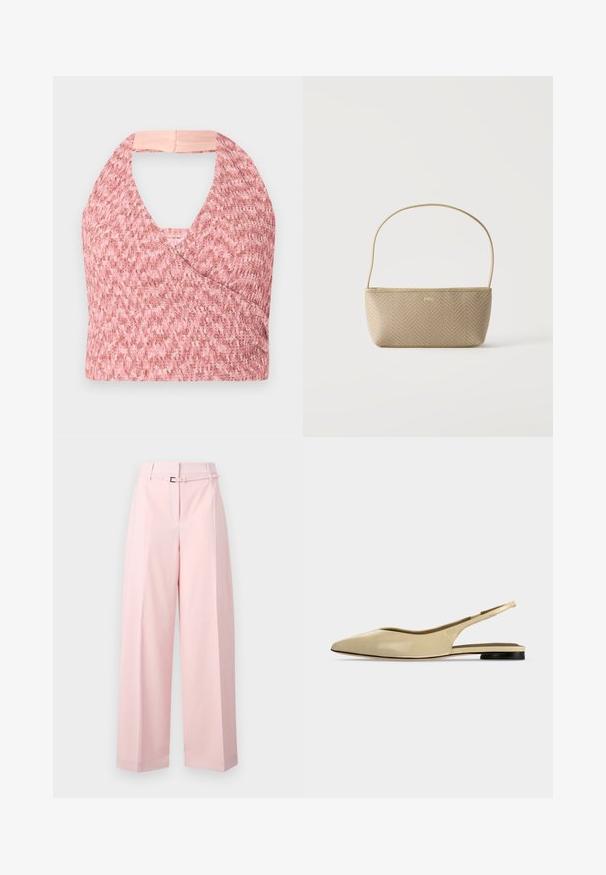 Haut halter rose clair en tissu tricoté texturé avec un design enroulé, comportant une bande beige douce à l'arrière pour un ajustement sûr.; Pantalon à jambes larges en rose doux, avec une taille haute, une ceinture à boucle argentée et des plis subtils pour plus de structure.; Chaussure plate beige à bout pointu avec bride arrière, petit talon noir et finition en cuir lisse, vue de côté sur un fond uni.; Sac à main tissé beige avec fine bandoulière et petit logo doré "BOSS" à l'avant, présenté sur fond blanc uni.