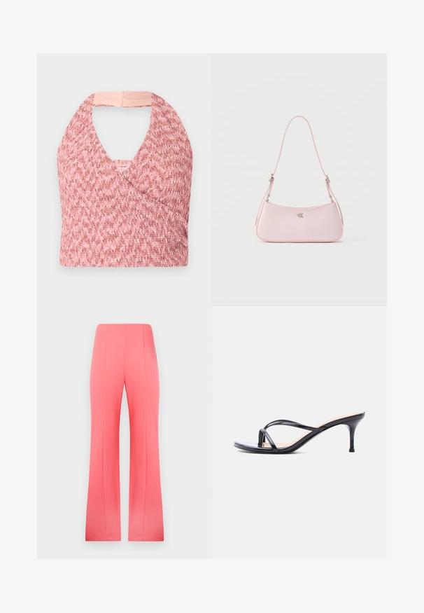 Top halter rosa claro elaborado con un tejido de punto texturizado con un diseño de envoltura, que presenta una suave banda beige en la parte posterior para un ajuste seguro.; Pantalones acampanados rosas hechos de una tela suave y elástica. Presentan una forma alargada con pliegues frontales y una cintura ajustada.; Sandalia de tacón de charol negro con tiras finas cruzadas y un tacón de aguja delgado de altura media, sobre un fondo blanco.; Pequeño bolso de hombro rosa pastel con correa delgada y logo plateado "CK" centrado sobre fondo liso.