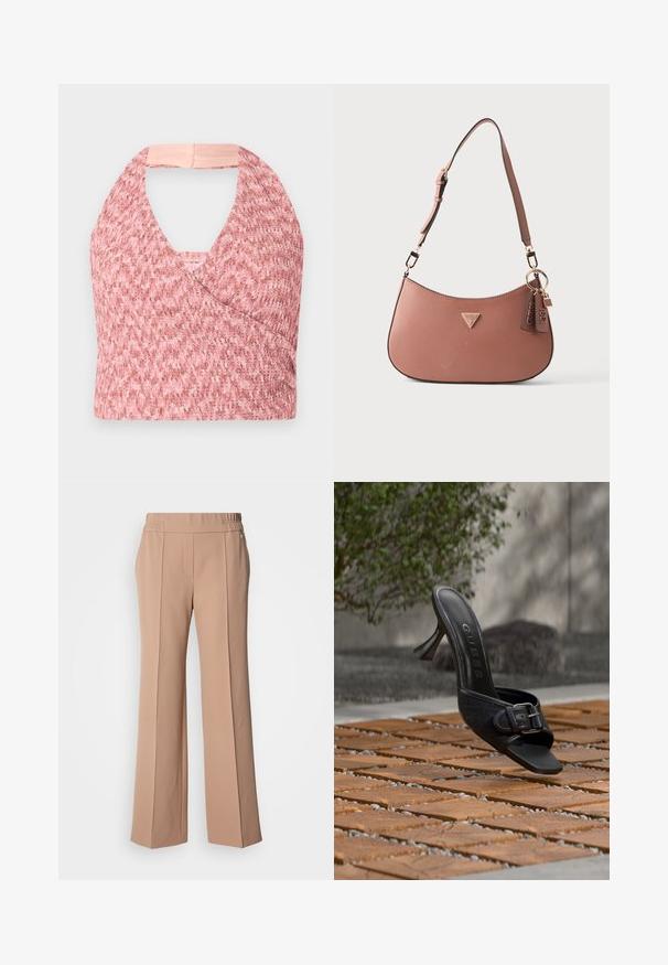 Haut halter rose clair en tissu tricoté texturé avec un design enroulé, comportant une bande beige douce à l'arrière pour un ajustement sûr.; Pantalon large beige clair en tissu lisse. Il présente une taille élastique et des plis à l'avant pour plus de détail.; Mule noire à talon haut avec détail boucle, logo "GUESS" sur la semelle intérieure, flottant au-dessus d'un sol en dalles de bois en extérieur avec un arrière-plan végétal flou.; Sac à épaule marron texturé avec bandoulière réglable, logo triangulaire Guess sur le devant, et deux étiquettes en cuir de marque suspendues à un anneau doré.