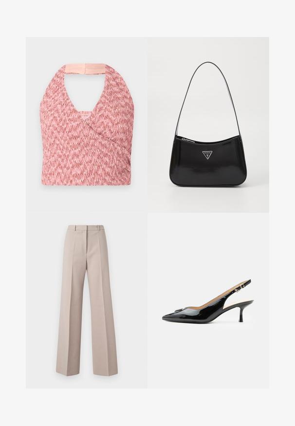 Top halter rosa claro elaborado con un tejido de punto texturizado con un diseño de envoltura, que presenta una suave banda beige en la parte posterior para un ajuste seguro.; Pantalones de pierna ancha beige, fabricados con un tejido suave, que cuentan con una cintura alta, pliegues frontales y una silueta ajustada.; Tacón slingback de charol negro con puntera puntiaguda, tacón pequeño tipo kitten y correa con hebilla plateada sobre un fondo blanco liso.; Bolso de hombro de charol negro con forma curva, que presenta un logotipo triangular plateado y un cierre de cremallera. Textura suave y correa delgada.