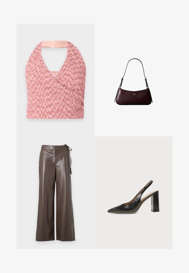 Haut halter rose clair en tissu tricoté texturé avec un design enroulé, comportant une bande beige douce à l'arrière pour un ajustement sûr.; Pantalons larges en simili cuir marron avec taille haute et détail de lien sur le côté, sur fond blanc.; Chaussure slingback en cuir noir à bout pointu avec un talon bloc haut et une doublure intérieure beige sur un fond clair uni.; Sac à main en cuir bordeaux foncé avec une fine sangle d'épaule noire et un petit logo doré "cK" au centre devant.