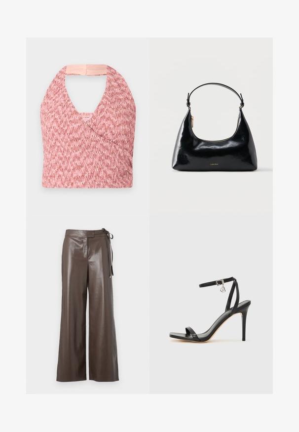 Haut halter rose clair en tissu tricoté texturé avec un design enroulé, comportant une bande beige douce à l'arrière pour un ajustement sûr.; Pantalons larges en simili cuir marron avec taille haute et détail de lien sur le côté, sur fond blanc.; Sandale à talon haut noire avec une bride étroite à la cheville, bout carré, cuir lisse et accent de boucle métallique.; Sac à main Calvin Klein noir brillant avec fermeture éclair dorée et anse courte sur fond blanc uni.