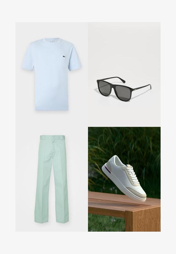T-shirt à manches courtes bleu clair en coton doux. Présente un petit logo de crocodile brodé en vert sur la poitrine.; Pantalons vert clair en coton avec une coupe droite, présentant une texture lisse et une taille standard avec passants de ceinture.; Baskets en cuir blanc avec un accent beige, texture lisse, bout rond et fermeture à lacets. Présente des perforations discrètes et une bande colorée sur le talon.; Lunettes de soleil noires avec une monture rectangulaire, des verres teintés foncés et des branches fines. Présente le nom de la marque "Polaroid" sur le côté.