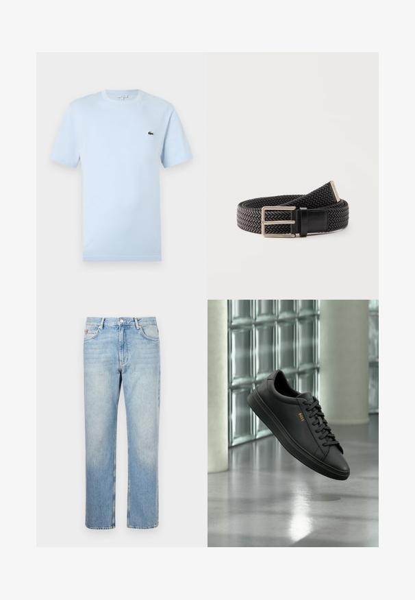 Helles blaues T-Shirt mit kurzen Ärmeln aus weichem Baumwollmaterial. Verfügt über ein kleines grünes gesticktes Krokodil-Logo auf der Brust.; Hellblaue Jeans mit geradem Bein, vorne mit Knopf und Reißverschluss, Gürtelschlaufen und Fünf-Taschen-Design.; Schwarzer flacher Ledersneaker mit schwarzen Schnürsenkeln und goldenem BOSS-Logo an der Seite, schwebend über einem glänzenden grauen Boden in einem modernen Innenraum.; Schwarzer gewebter Stoffgürtel mit silberner rechteckiger Schnalle und Lederschlaufe, sichtbares Calvin Klein Markenetikett am Ende.
