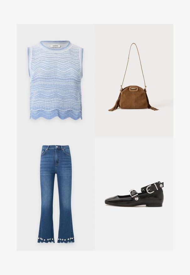Haut sans manches en maille blanche et bleu clair avec des motifs ondulés horizontaux et un ourlet festonné, étiquette "Sandro" à l'intérieur du col.; Jean en denim bleu moyen avec jambes évasées, ourlets effilochés et ornements décoratifs de perles et de fleurs le long des bords inférieurs.; Ballerine en cuir verni noir avec un bout carré, sangle de cheville avec des détails en métal argenté et semelle plate. Texture lisse avec un design minimaliste.; Sac à épaule en daim marron avec une longue bandoulière, une découpe rectangulaire de la poignée et des détails à pompons sur les côtés sur fond blanc.