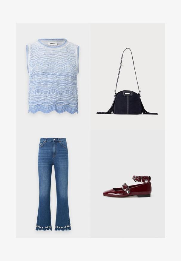 Haut sans manches en maille blanche et bleu clair avec des motifs ondulés horizontaux et un ourlet festonné, étiquette "Sandro" à l'intérieur du col.; Jean en denim bleu moyen avec jambes évasées, ourlets effilochés et ornements décoratifs de perles et de fleurs le long des bords inférieurs.; Ballerines en cuir verni bordeaux avec un bout pointu, une bride de cheville avec une boucle en argent et un petit talon. Texture lisse sur l'ensemble.; Sac à main en daim bleu foncé avec des coutures blanches, une poignée découpée, une bandoulière à motif et de longues franges des deux côtés.