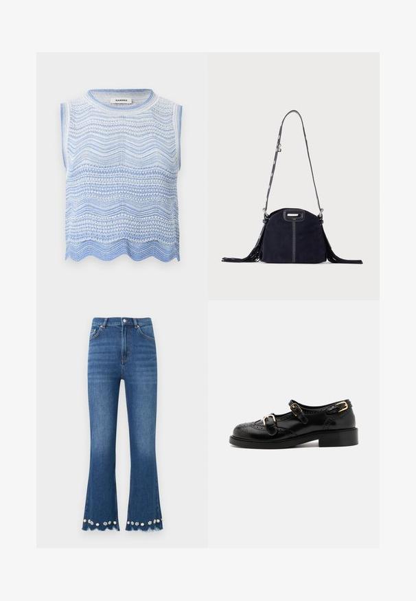 Haut sans manches en maille blanche et bleu clair avec des motifs ondulés horizontaux et un ourlet festonné, étiquette "Sandro" à l'intérieur du col.; Jean en denim bleu moyen avec jambes évasées, ourlets effilochés et ornements décoratifs de perles et de fleurs le long des bords inférieurs.; Chaussures en cuir noir avec détails de brogue, dotées de deux sangles à boucle, d'un bout arrondi et d'un talon bas. Texture lisse avec finition brillante.; Sac à main en daim bleu foncé avec des coutures blanches, une poignée découpée, une bandoulière à motif et de longues franges des deux côtés.