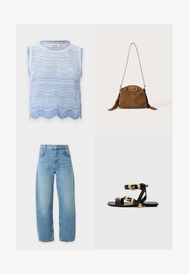 Haut sans manches en maille blanche et bleu clair avec des motifs ondulés horizontaux et un ourlet festonné, étiquette "Sandro" à l'intérieur du col.; Jean bleu clair taille haute à jambes droites avec fermeture bouton et fermeture éclair, poches avant et passants de ceinture sur un fond uni.; Sandales en cuir noir avec des accents de boucles dorées, présentant plusieurs brides et un design de semelle plate pour un port ouvert.; Sac à épaule en daim marron avec une longue bandoulière, une découpe rectangulaire de la poignée et des détails à pompons sur les côtés sur fond blanc.