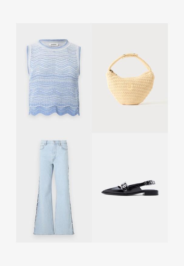 Haut sans manches en maille blanche et bleu clair avec des motifs ondulés horizontaux et un ourlet festonné, étiquette "Sandro" à l'intérieur du col.; Jeans évasés bleu clair, avec une taille haute, ornés de boutons le long des coutures latérales et d'une texture en denim douce.; Ballerine pointue en cuir verni noir avec double boucle argentée et talon slingback sur fond blanc.; Sac à main beige tissé avec corps arrondi, fermeture éclair et une sangle courte et épaisse dans un style crochet simple et texturé.