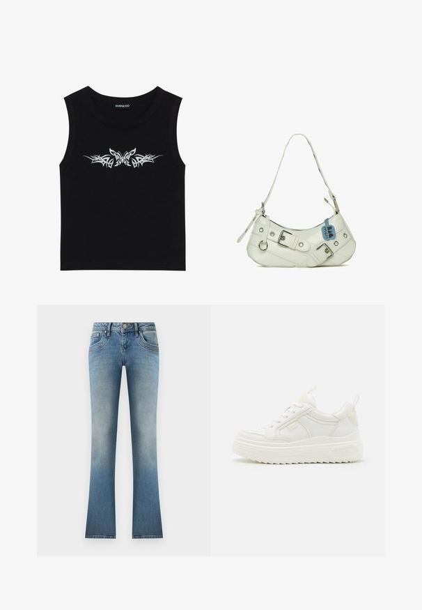 Haut sans manches noir en coton ; présente un design avec un papillon argent métallique et un motif tribal sur la poitrine. Encolure ronde.; Jean évasé bleu clair en denim. Présente un délavage, cinq poches et une fermeture à bouton avec passants de ceinture à la taille.; Baskets en cuir blanc avec une semelle épaisse, design à lacets et branding subtil. Présentent une texture lisse et un bout arrondi.; Sac à main synthétique blanc avec une silhouette incurvée, une bandoulière réglable, une boucle décorative, du matériel en argent et une étiquette bleue attachée.
