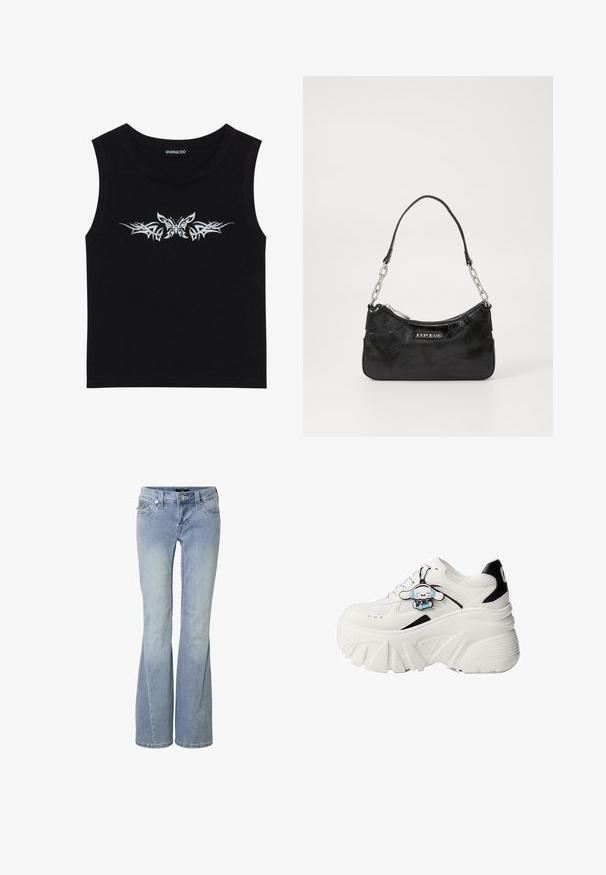 Haut sans manches noir en coton ; présente un design avec un papillon argent métallique et un motif tribal sur la poitrine. Encolure ronde.; Jean en denim bleu clair avec légère décoloration, design à cinq poches, fermeture avant par bouton et fermeture éclair, et coupe droite.; Baskets à plateforme blanches avec détails en mesh et cuir, semelle épaisse, et un porte-clés amovible représentant un personnage de dessin animé. Accents noirs visibles.; Sac à épaule en cuir verni noir avec des bretelles en chaîne argentée et une fermeture éclair, arborant un logo "JOOP! JEANS" à l'avant.