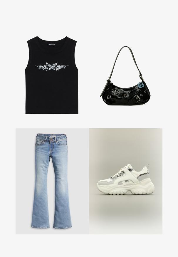 Haut sans manches noir en coton ; présente un design avec un papillon argent métallique et un motif tribal sur la poitrine. Encolure ronde.; Jean évasé bleu clair en denim. Il présente une fermeture par bouton, cinq poches et une texture délavée avec des ourlets sans couture.; Baskets blanches épaisses avec des accents à motif de peau de serpent, semelle épaisse texturée, et bride Velcro sur les lacets sur fond neutre.; Sac à main en cuir verni noir avec une forme incurvée, présentant des ferrures en argent, des boucles décoratives et une bandoulière courte. Étiquette bleue attachée.