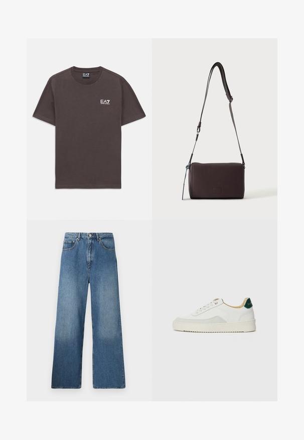 Tmavohnedé tričko s krátkym rukávom a okrúhlym výstrihom, s malým bielym logom EA7 Emporio Armani na ľavej hrudi a na krku.; Džíny s širokými nohavicami v modrej denimovej farbe ponúkajú klasický dizajn s piatimi vreckami, predným zapínaním na gombík a miernym osvetlením pre textúru.; Biele tenisky s semišovými akcentmi, zaoblenou špičkou, plochými šnúrkami a krémovou gumovou podrážkou. Na päte sú zelené značky.; Tmavohnedá kožená crossbody taška s textúrou, nastaviteľným popruhom a malým dekoratívnym modrým prvkom na boku.