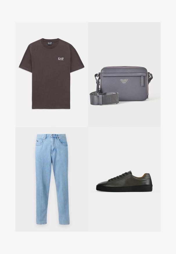 Mørkegrå kortærmet t-shirt med rund hals, med lille hvid EA7 Emporio Armani-logo på venstre bryst og nakke-label.; Lyseblå denimjeans med lige ben, forlommer, bæltestropper og knaplukning på en neutral baggrund.; Lavtskåret mørkegrå læder sneaker med sorte snørebånd og sål, minimalistisk design, sideprofil på en ensfarvet lys baggrund.; Mørkegrå rektangulær crossbody taske med justerbar rem, front lynlåslomme og sølv logoemblem.