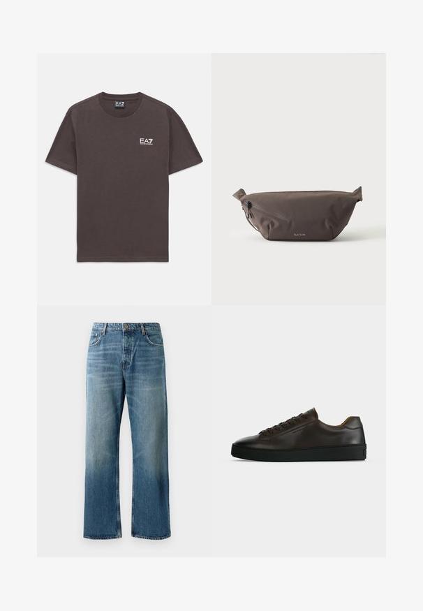 Camiseta de tirantes corta de color gris oscuro con pequeño logo en blanco de EA7 Emporio Armani en el lado izquierdo del pecho y etiqueta en el cuello.; Jeans de pierna ancha en azul claro con un acabado desgastado, que cuentan con cierre de un solo botón, cinco bolsillos y costuras contrastantes.; Zapatilla de perfil bajo de cuero marrón oscuro con suela de goma negra, cierre de cordones y diseño liso y minimalista sobre un fondo claro.; Riñonera de tela marrón oscuro con bolsillo diagonal con cremallera y pequeño logo blanco en el frontal, sobre un fondo liso y claro.