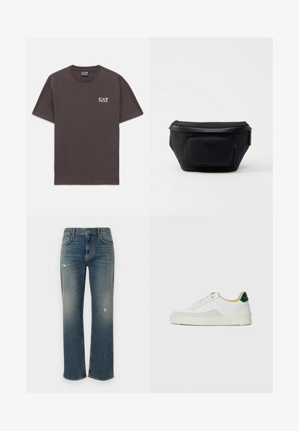 Tumehall lühikeste varrukate ja ümmarguse kaelusega T-särk, mille vasakul rinnal on väike valge EA7 Emporio Armani logo ja kaelusetikett.; Keskmise sinise värvusega teksapüksid otsekäärimisega, millel on kerged fassaadid ja kulunud laigud. Klassikaline viie tasku disain ja pealmine nupu sulgemine.; Valged tennisjalanõud, millel on sametised aktsendid, ümar varvas, lame nöörid ja kreemjas kummine põhja. Hästi nähtav roheline bränding kannal.; Must must nahk tõmblukuga esikoti ja siledat tekstuuri kaunistav logo. Struktureeritud disain, millel on volditav üleosa.
