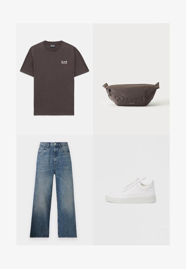Mørkegrå kortærmet t-shirt med rund hals, med lille hvid EA7 Emporio Armani-logo på venstre bryst og nakke-label.; Blå denim bredbenede jeans med høj talje, subtilt slid, fem lommer og metalknaplukning foran.; Hvid lædersneaker med rundet tå, flad sål og snørebånd foran. Har syningsdetaljer og polstret krave for komfort.; Mørkebrun stof talje taske med diagonalt lynlåslomme og lille hvidt logo på fronten, sat mod en ensfarvet lys baggrund.