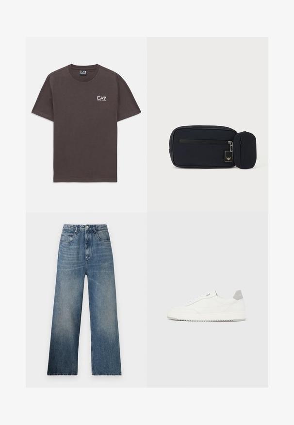 Tumehall lühikeste varrukate ja ümmarguse kaelusega T-särk, mille vasakul rinnal on väike valge EA7 Emporio Armani logo ja kaelusetikett.; Sinine denimi lai jalaga püksid kõrge vöökohaga, millel on õrn pleekimine, viis taskut ja ees metallne nööp sulgemiseks.; Valge madala lõikega tennisking halli kandklambri, valgete paelte ja tekstuuriga tallaga, esitletud ühtlasel heledal taustal.; Must ristkülikukujuline kotike esiküljel lukuga ja väike lisatud ümar kotike, ühevärvilise heleda tausta taustal.