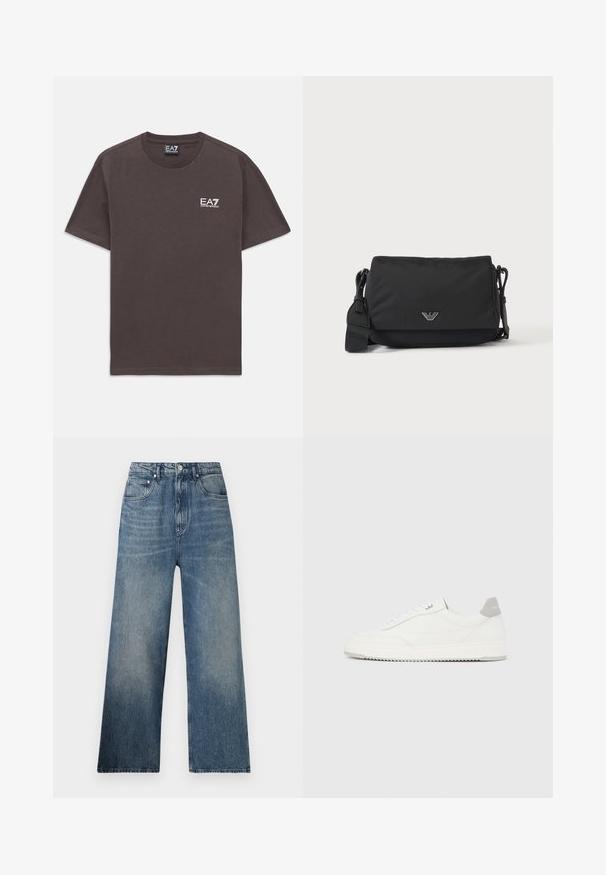 Camiseta de tirantes corta de color gris oscuro con pequeño logo en blanco de EA7 Emporio Armani en el lado izquierdo del pecho y etiqueta en el cuello.; Jeans de mezclilla azul de pierna ancha con cintura alta, que presentan un desgaste sutil, cinco bolsillos y un cierre de botón metálico en la parte delantera.; Zapatilla blanca de corte bajo con pestaña en el talón gris, cordones blancos y suela texturizada, presentada sobre un fondo claro y liso.; Bolso bandolera negro con correa ajustable y pequeño emblema de logo plateado en la solapa frontal, mostrado sobre un fondo claro y liso.
