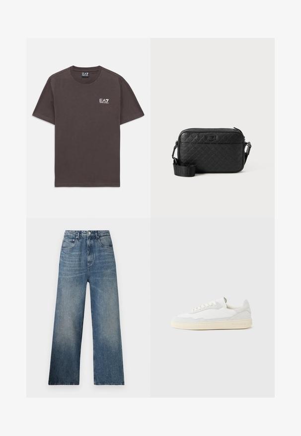 Donkergrijze T-shirt met korte mouwen en ronde hals, met klein wit EA7 Emporio Armani-logo op de linkerborst en een label in de hals.; Blauwe denim wijdgerande jeans met een hoge taille, voorzien van subtiele vervaging, vijf zakken en een metalen knoopsluiting aan de voorkant.; Witte sneaker met een bovenwerk van gestructureerd suède en leer. Voorzien van een afgeronde neus, vetersluiting en een contrasterende beige rubberen zool.; Zwarte gestructureerde schoudertas met een gegraveerd geometrisch patroon en een verstelbare strap met het merkenlogo.