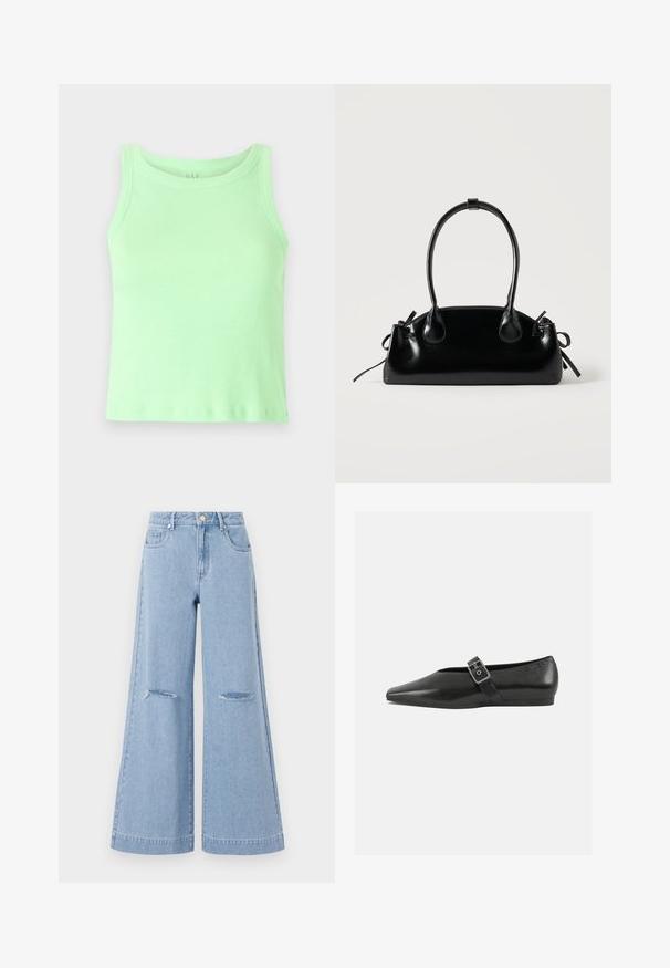 Débardeur côtelé vert clair avec un col rond et un design sans manches. Le tissu semble doux avec un léger élasticité et une texture lisse.; Jeans taille haute bleu clair à jambes larges, dotés de deux poches avant et de deux détails de genoux déchirés, fabriqués en matériau denim.; Chaussure plate en cuir noir avec un orteil pointu, présentant une sangle à boucle métallique sur le cou-de-pied et une semelle basse et flexible.; Petit sac à main noir brillant avec deux longues anses et des détails à cordon sur les côtés sur un fond clair uni.