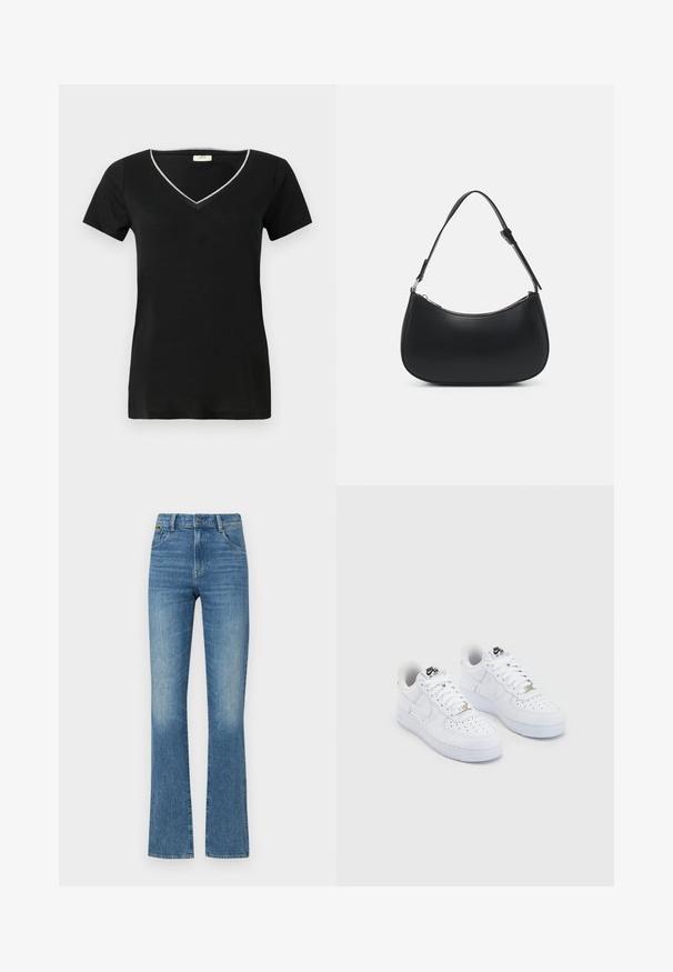 T-shirt noir avec un col en V, des manches courtes, un bord contraste argenté le long de l'encolure et une texture douce et lisse.; Jeans en denim bleu évasés avec une texture légèrement décolorée, cinq poches et un bouton de fermeture à la taille. Détails usés près des ourlets.; Baskets Nike Air Force 1 blanches avec une tige en cuir lisse, un embout perforé, des lacets blancs et un logo noir sur la languette.; Pieces PCALUANA SHOULDER BAG - Sac à main - black