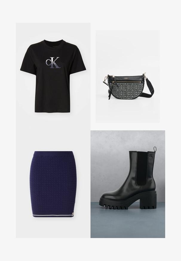 Sort bomulds T-shirt med rund hals. Har et sølv broderet "cK" logo og teksten "Calvin Klein Jeans" under logoet. Korte ærmer.; Marineblå strikket nederdel med et tekstureret kabelmønster. Har en ribbet talje og en hvid stribe langs nederste kant.; Sort læder ankelstøvle med rund tå, kraftig platformssål og mesh-sidede accenter. Har en trækflig for nem påtagning.; Sort skuldertaske med DKNY-logo mønster, tekstureret læder, sølvfarvet hardware, lynlåslomme foran, aftagelig lille pung, justerbar rem.