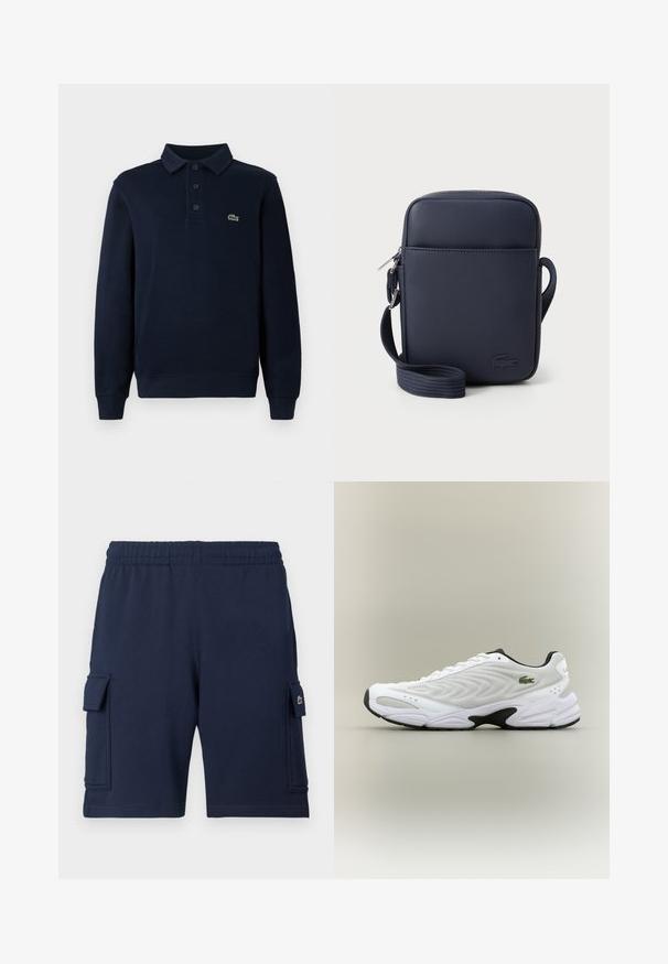 Camisa polo de manga larga azul marino con tapeta de botones y pequeño logo de cocodrilo verde en el pecho.; Pantalones cortos cargo azul marino hechos de tela suave, con una cintura elástica, dos bolsillos laterales y un pequeño detalle con logo en el bolsillo izquierdo.; Zapatilla deportiva blanca con parte superior de malla texturizada, diseño curvado y suela exterior negra en contraste. Presenta un logo verde bordado en el lateral.; Bolso cruzado azul marino hecho de tela texturizada, con cierre de cremallera, correa ajustable y logo en relieve en la parte frontal.