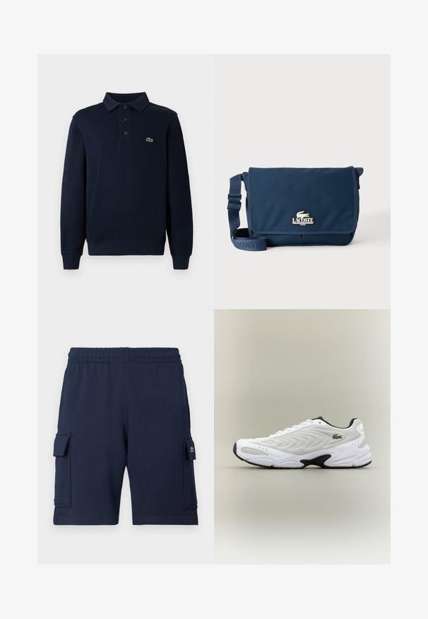 Navyblaues Langarm-Polohemd mit Knopfleiste und kleinem grünen Krokodil-Logo auf der Brust.; Marineblaue Cargo-Shorts aus weichem Stoff, mit einem elastischen Bund, zwei Seitentaschen und einem kleinen Logoakzent auf der linken Tasche.; Weißer Sportschuh mit strukturiertem Mesh-Obermaterial, geschwungenem Design und kontrastierender schwarzer Laufsohle. Mit grünem gesticktem Logo an der Seite.; Marineblaue Lacoste Messenger-Tasche mit verstellbarem Riemen und Logo-Patch auf der Vorderklappe, vor einem schlichten hellen Hintergrund.