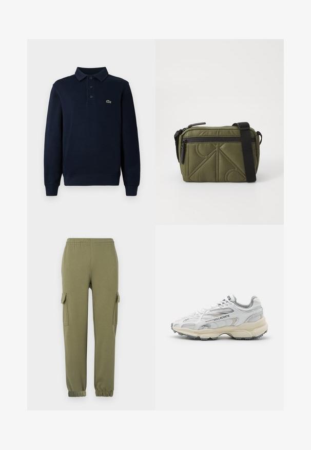 Polo à manches longues bleu marine avec patte de boutonnage et petit logo de crocodile vert sur la poitrine.; Pantalons cargo en tissu léger vert olive, dotés de poches latérales, d'une taille élastique et de poignets fuselés pour un ajustement parfait.; Baskets de sport blanches avec des accents gris, tige en maille et synthétique, design à lacets et semelle en caoutchouc texturée avec motifs de traction.; Sac en tissu matelassé vert olive avec une sangle noire, doté d'une fermeture zippée sur le dessus et d'une poche zippée extérieure ornée d'accents de motifs géométriques.