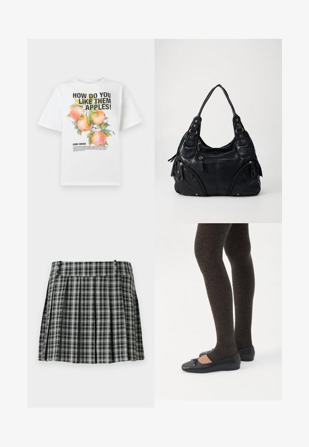 Witte katoenen t-shirt met een kleurrijke appelillustratie en vetgedrukte tekst die luidt: "HOE VIND JE DEZE APPELS!" en "KERNVERLIEFD."; Zwart-wit geruite geplisseerde rok met een gladde tailleband en meerdere verticale plooien. Gemaakt van lichte stof.; Benen met donkere geribbelde leggings gecombineerd met zwarte ballerina's met kleine strikdetails op een witte achtergrond.; Zwarte leren handtas met dubbele handvatten, voorzakken met rits en details van metalen klinknagels, tegen een effen lichte achtergrond.