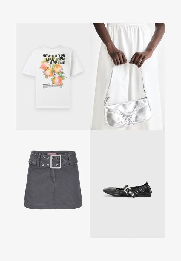 Hvid bomuld t-shirt med en farverig æbleillustration og fed tekst, der står: "HVORDAN SYNES DU OM DE APPLE!" og "KERNEKNUSE."; Grå bomulds mini skirt med et bredt bælte, der har sølv-lufthuller og en firkantet metalspænde, designet med en ren, lige silhuet.; Sorte læder flade sko med spids tå, samling detaljer omkring åbningen, og en sølv spænde accent på den justerbare rem.; Sølvmetallic håndtaske med snøredetaljer, der har et slankt design og en kort strop. Tasken holdes i hænderne for at fremvise dens tekstur.