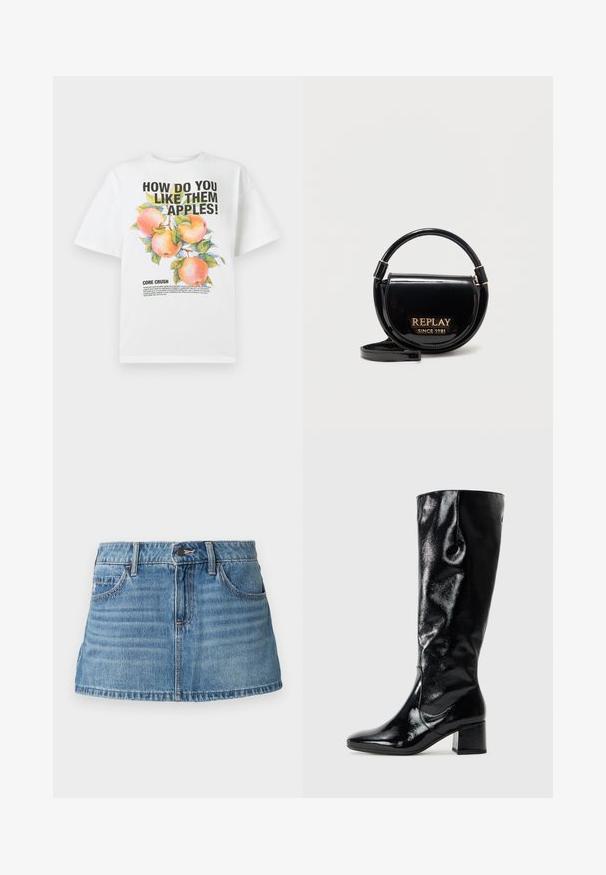 Witte katoenen t-shirt met een kleurrijke appelillustratie en vetgedrukte tekst die luidt: "HOE VIND JE DEZE APPELS!" en "KERNVERLIEFD."; Lichtblauwe denim minirok met een gestructureerd ontwerp. Beschikt over voorzakken, riemlussen en subtiele vervaging voor textuur.; Zwarte kniehoge laarzen met een glanzende lakafwerking, puntige neus en blokhak. Heeft een gladde textuur en een aansluitend ontwerp.; Zwarte glanzende ronde handtas met bovenhandvat en gouden opschrift "REPLAY SINCE 1981" op de voorklep, geplaatst op een witte achtergrond.