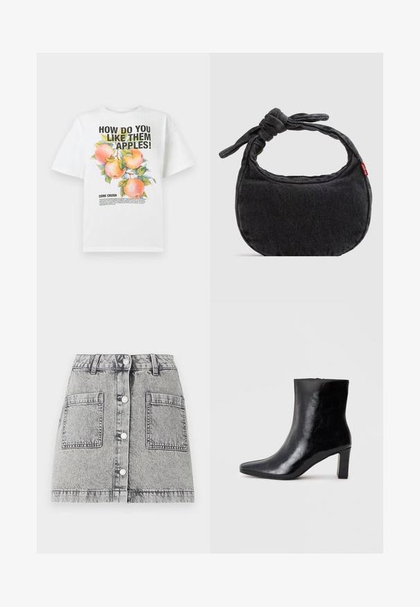 Witte katoenen t-shirt met een kleurrijke appelillustratie en vetgedrukte tekst die luidt: "HOE VIND JE DEZE APPELS!" en "KERNVERLIEFD."; Lichtgrijze denimrok met een vervaagde textuur, voorzien van een knoopsluiting aan de voorkant, twee grote zijzakken en een rechte snit.; Zwarte enkellaars gemaakt van glanzend leer, met een puntige neus en een gemiddelde blokhak, voorzien van een gladde textuur en een eenvoudig ontwerp.; Kleine zwarte denim schoudertas met een gestrikte riem en ritssluiting, met een rood Levi's stoffen label aan de zijkant.