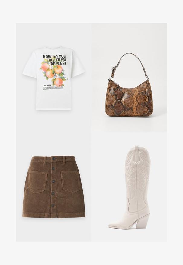Hvid bomuld t-shirt med en farverig æbleillustration og fed tekst, der står: "HVORDAN SYNES DU OM DE APPLE!" og "KERNEKNUSE."; Brun kordfløjlsskjørt med en tætsiddende talje, forsynet med en knaplukning foran, to forlommer og et struktureret ribbet stof.; Hvide læder cowboystøvler med spidse tæer og blokhæle. Har intrikate syninger på skaftet og en glat tekstur.; Lille håndtaske med brun og sort slangeskinn mønster, kort justerbar rem og lynlåslukning.