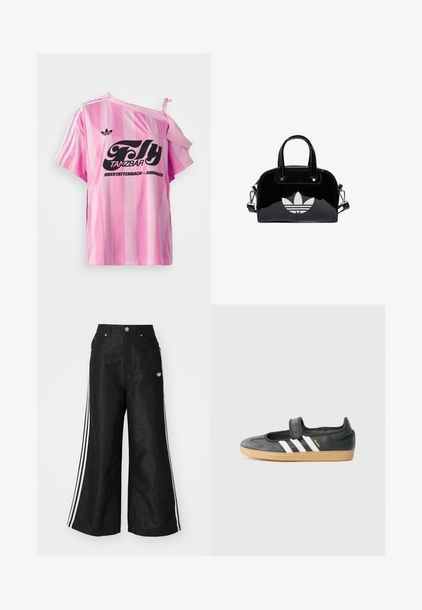 Camiseta de rayas rosas con un hombro descubierto, presenta un texto gráfico negro "Fly TANZBAR Obertattenbach – Birnbach" y tres rayas blancas en las mangas.; Pantalones de denim anchos y negros con tres franjas blancas en cada lado y un pequeño logo blanco. Cuenta con bolsillos frontales y un cierre de botón.; Zapatilla de deporte de cuero negro y ante con una correa de Velcro, que presenta tres rayas blancas y una suela de goma, etiquetada "SAMBA" en el lateral.; Bolso de mano de charol negro con forma redondeada, dos asas en la parte superior, acentos plateados y un prominente logotipo blanco en la parte delantera.