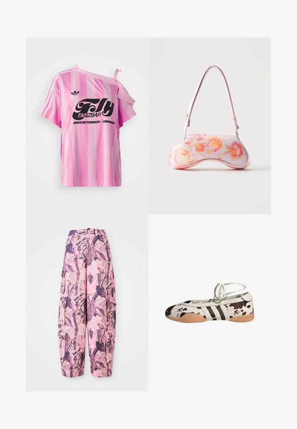 Camiseta de rayas rosas con un hombro descubierto, presenta un texto gráfico negro "Fly TANZBAR Obertattenbach – Birnbach" y tres rayas blancas en las mangas.; Los pantalones de pierna ancha, de colores rosa y púrpura, presentan un diseño de hojas y ramas, con una cintura alta y bolsillos laterales para mayor funcionalidad.; Bailarinas de cuero blanco con estampado de vaca marrón, con tres rayas negras en el lateral y suela flexible de goma color marrón claro.; Pequeño bolso con forma curva que presenta un estampado floral en rosa y naranja y una sola correa para el hombro sobre un fondo liso.