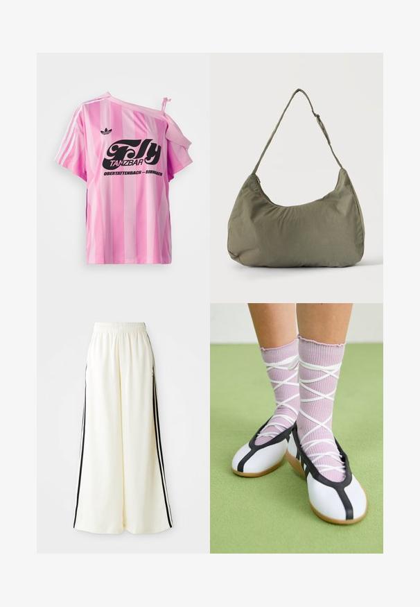 Lyserød stribet t-shirt med den ene skulder eksponeret, prydet med sort grafisk tekst "Fly TANZBAR Obertattenbach – Birnbach" og tre hvide striber på ærmerne.; Hvide løse bukser med elastisk talje og sorte lodrette striber langs yderseams.; Ben iført ribbet lilla sokker med hvide krydsede stropper kombineret med hvide balletsko med sort kant på grøn gulv.; Skuldertaske i blødt olivengrønt stof med lynlås og justerbar rem på ensfarvet, lyst baggrund.